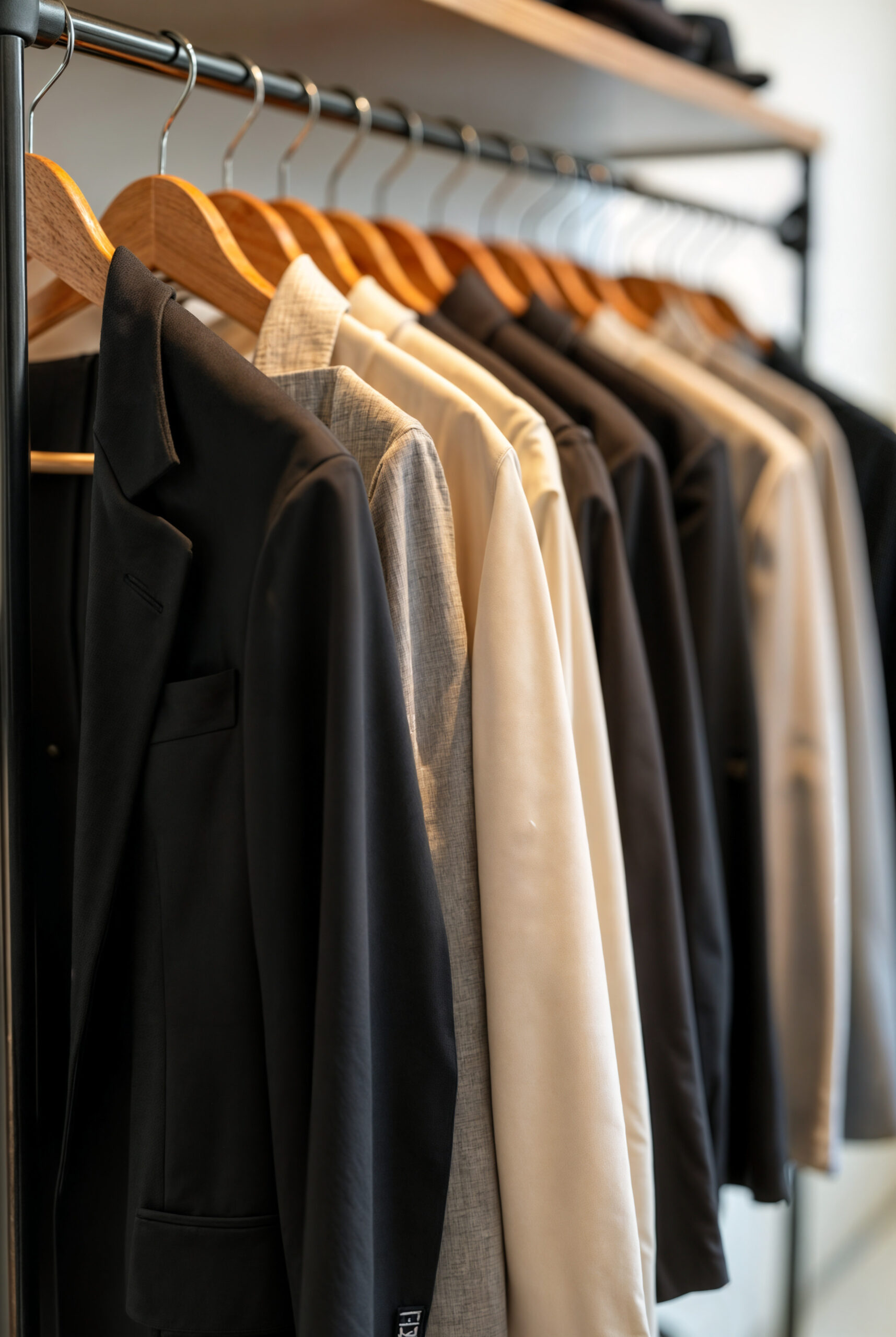 The image shows a rack of clothes on wooden hangers, including a black suit jacket and several other garments in neutral tones